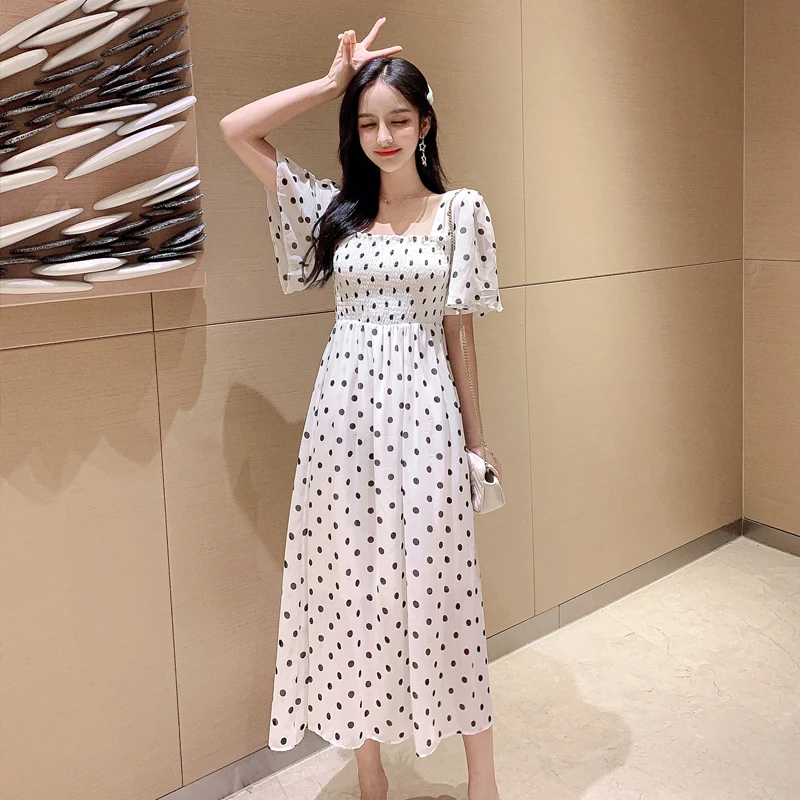 Summer Chiffon Dresses Women's Dot Leaves Print Short Sleeve Casual High Waist Square Collar Elegant vestidos | Женская одежда