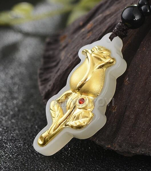 Beautiful Natural White Hetian Jade + 18K Solid Gold Inlaid Cute Rose Flower Amulet Lucky Pendant Free Necklace Fine Jewelry | Украшения и