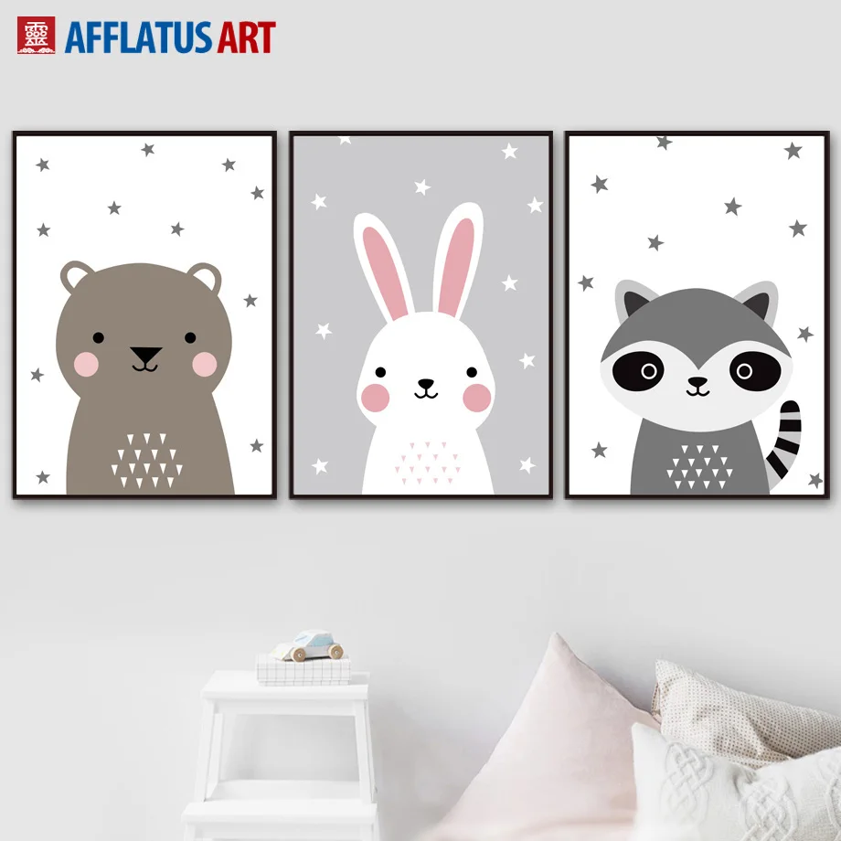 Настенная картина Звезда Луна Кролик Медведь енот Художественная печать на