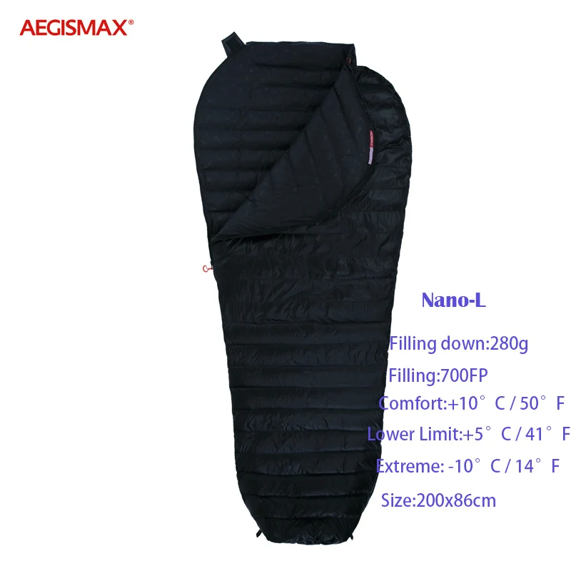 Nano-L-Black Aegismax Новое поступление нано, водоотталкивающая белая гусиная пуха Мумия Сверхлегкий Сращивание походный Кемпинг 700FP спальный мешок - Цвет: Nano-L-Black