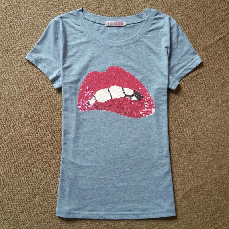 Женская футболка с красными губами Повседневная блестками для фитнеса лето