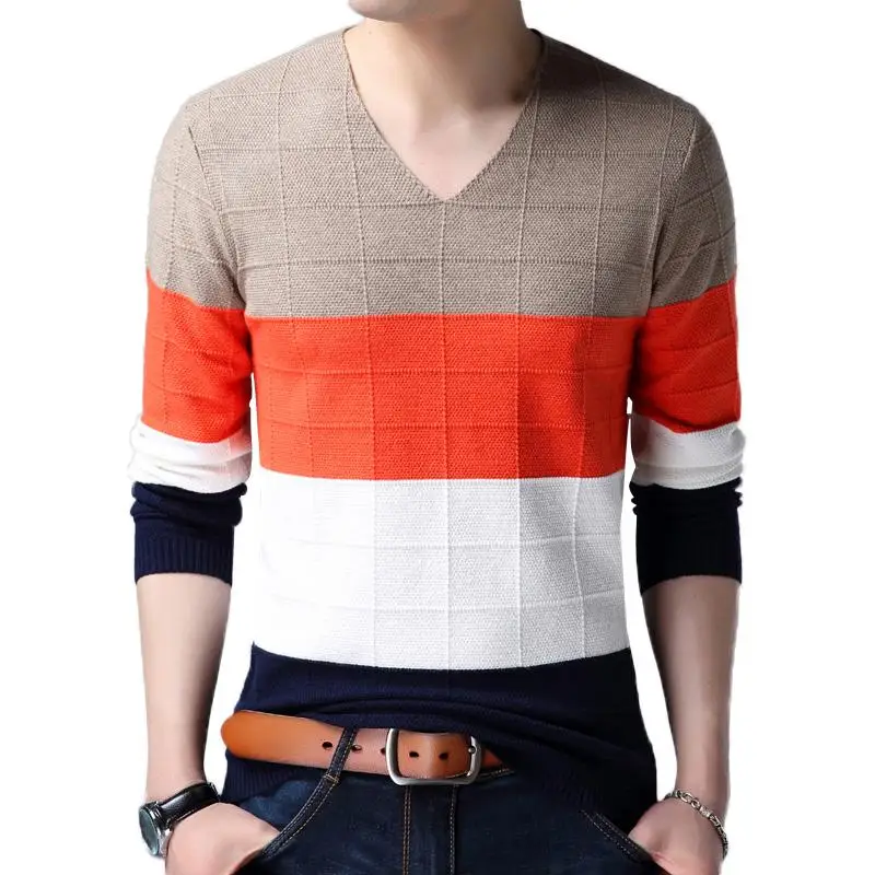 

2021 Spring Autumn V-Neck Pullover Sweater Men Slim Fit Long Sleeve Shirt Man Wool Robe Pull Homme Knitted Sweaters