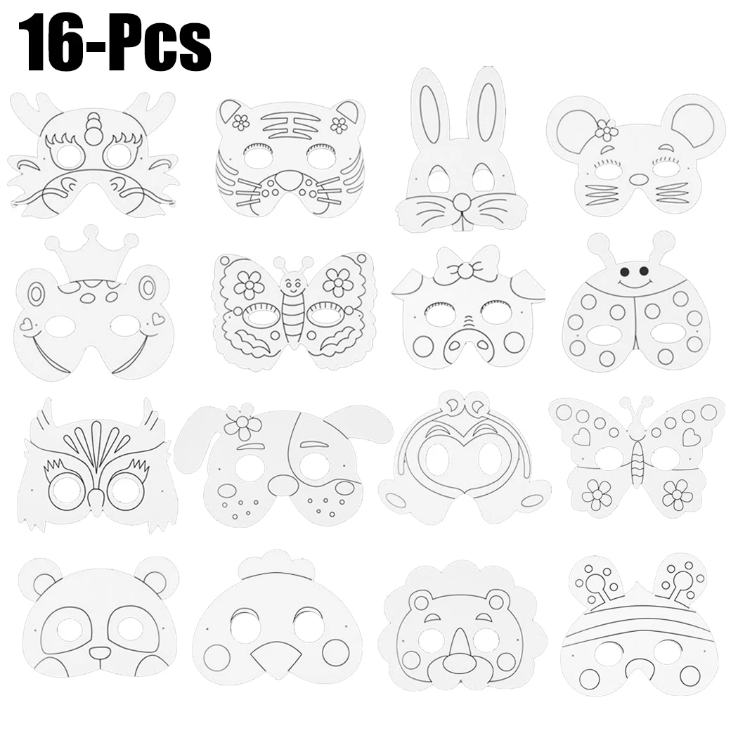White 16PCS Party Mask Creative Cartoon DIY Blank Painting White Mask Costume Mask With Color Pens New Arrival - Цвет: White