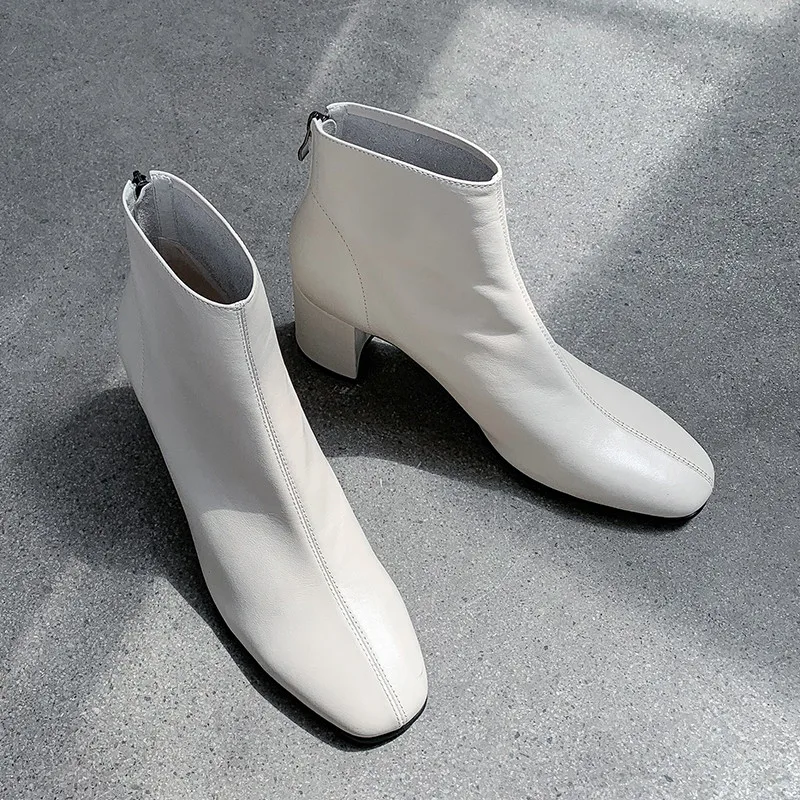 

MoonMeek 2020 new ankle boots for women square toe zip genuine leather shoes square high heels shoes classic autumn winter boots