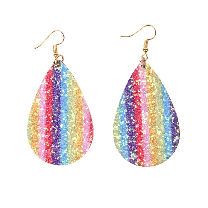 

ZWPON 2020 New Glitter Rainbow Teardrop Leather Earrings Print Looking Various MultiColors Leather Dangle Drop Earrings Women