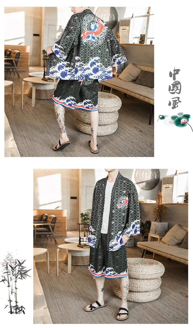 Sinicism Store, летние мужские комплекты,, для мужчин, Harajuku, спортивный костюм, кимоно, куртка, комплект из 2 предметов, одежда для мужчин, спортивный костюм размера плюс