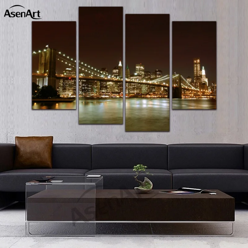 4 Panels Wall Art Canvas Print Brooklyn Bridge Painting Night Landscape Pictures poster for Bedroom Modern Home Decor Unframed | Дом и сад