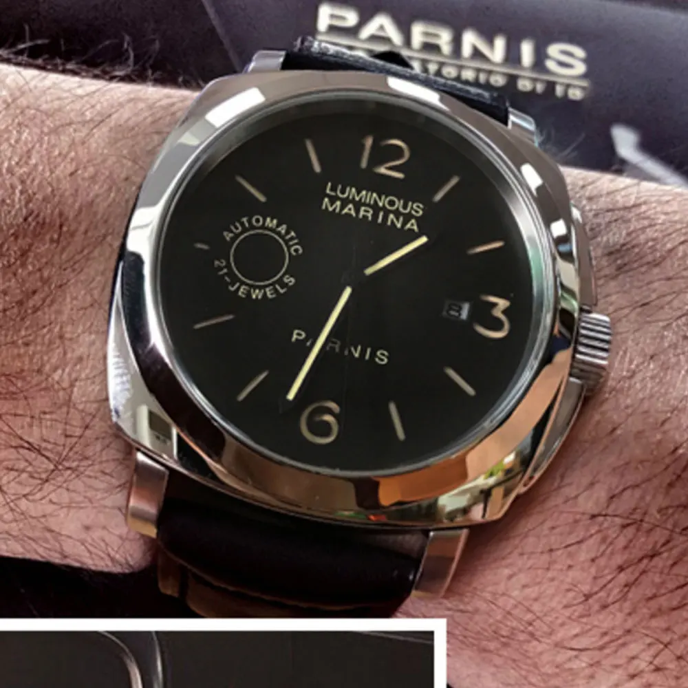 Роскошные PARNIS Commander Seriers светящиеся мужские кожаные часы для часов 21 Jewels Miyota автоматические механические наручные часы