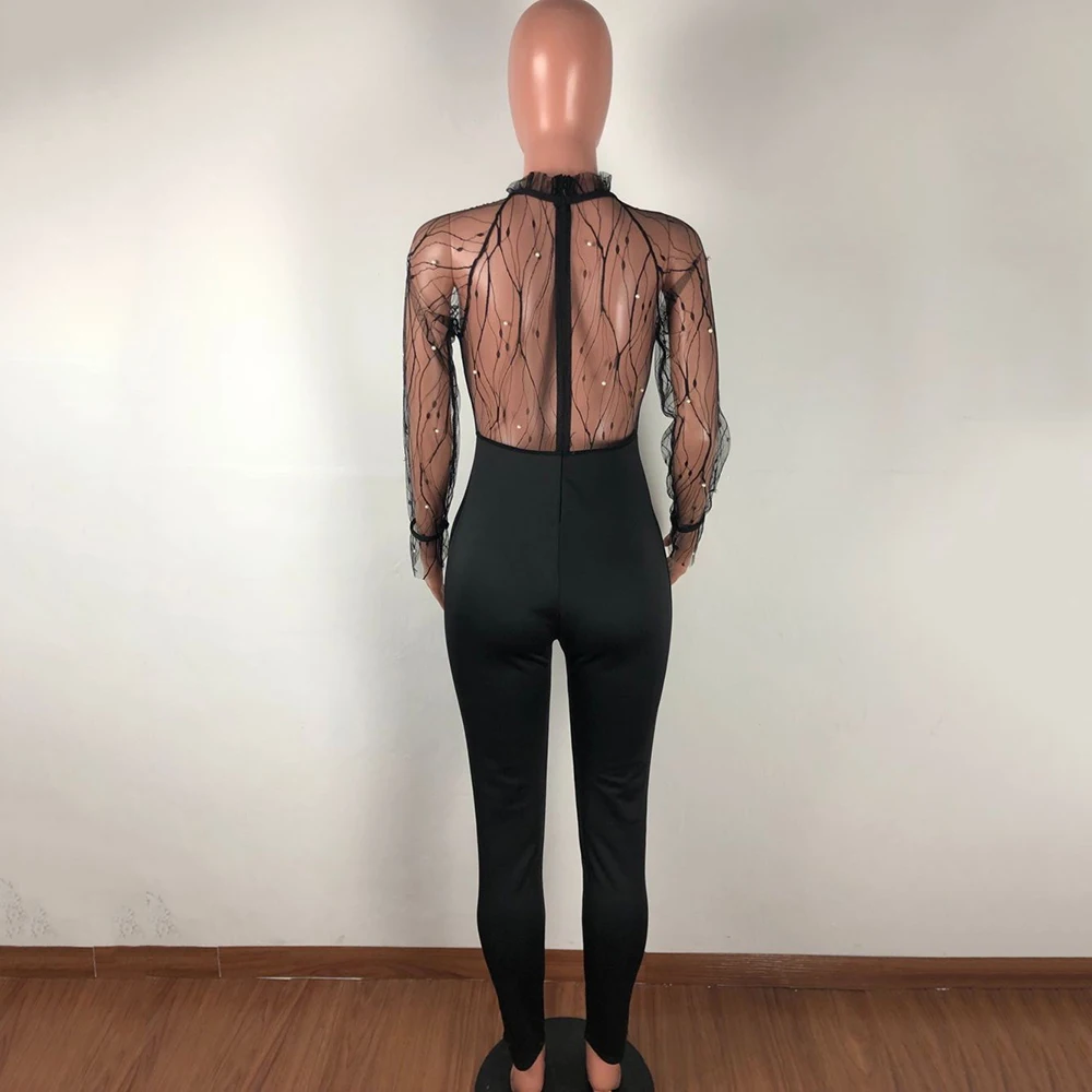 Mesh Patchwork Women Romper Full Sleeves Pearls Beading Hollow out Ruffled See-through Dew Back Sexy Bodycon Party club Jumpsuit