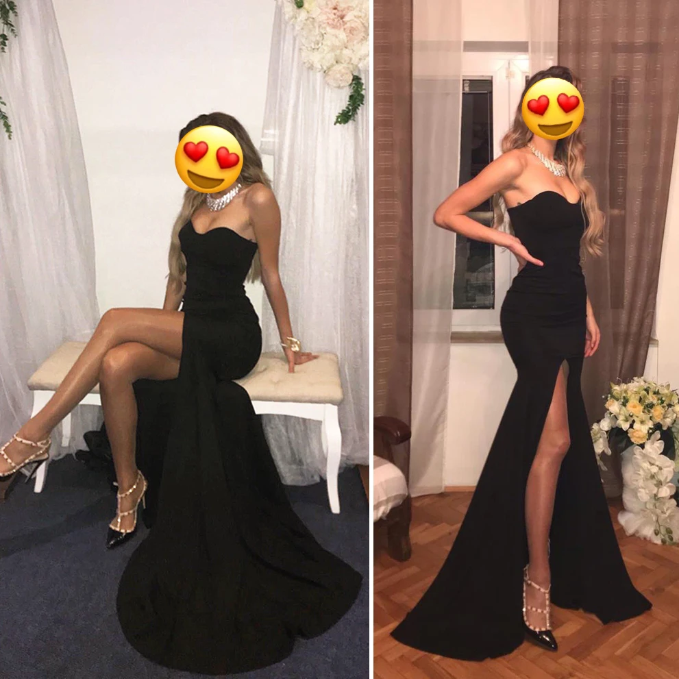 Сексуальные без бретелек набивка Платье русалка долго Щелевая лицевая сторана тугой красный черный длинное платье длина пола платье для вечеринки