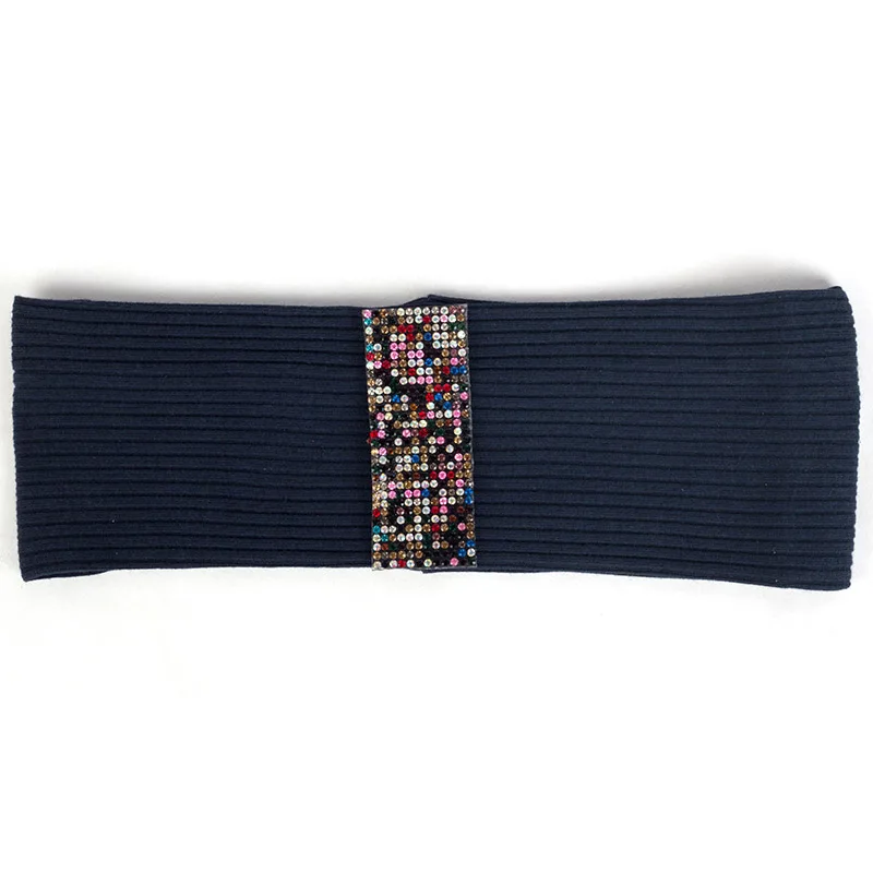 Navy Rainbow Женская рифлёная головная повязка красочные аксессуары из стразов Алмазная плоская эластичная повязка для волос для женщин Полосатый тюрбан DT794 - Цвет: Navy Rainbow