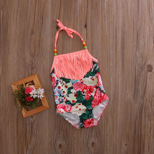 Tassel Flora Printed Toddler Kids Baby Girl Swimwear Halter One Piece Swimsuit Beachwear Clothes Swimming Suit 2019 Cute Vintage | Спорт и