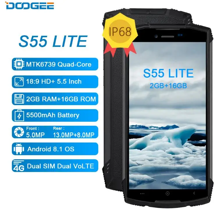 DOOGEE S55 Lite Настоящее IP68 Водонепроницаемый 5500 mAh смартфон 5 &quotMTK6739 4 ядра 13.0MP двойной