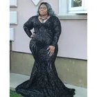 Размера плюс черные платья-русалки для выпускного вечера, 2019 новое официальное вечернее платье с длинным рукавом, в пол, с V-образным вырезом и блестками, наряды Вечерние