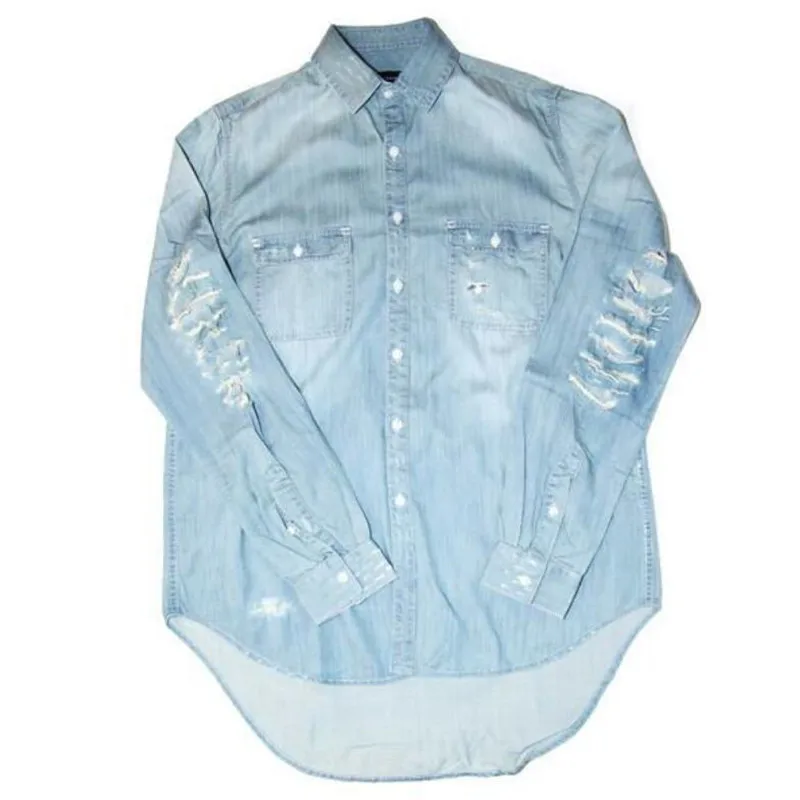 Демисезонная Мужская джинсовая рубашка с длинным рукавом рваными дырками и