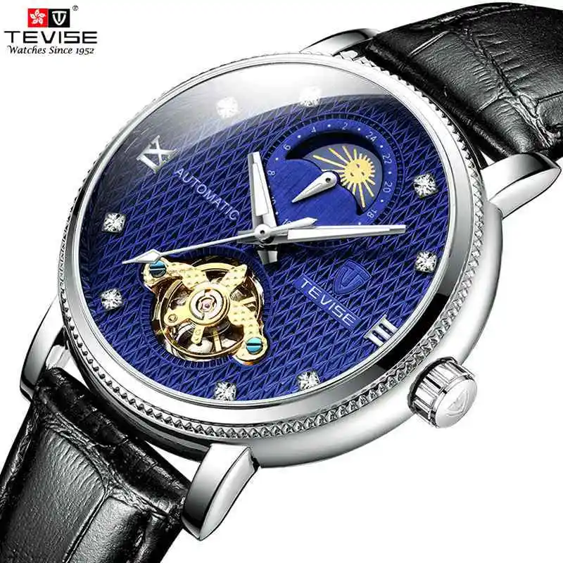 TEVISE мужские часы Moon phase Tourbillon повседневные часы, кожа спортивные наручные часы Мужские часы Relogio Masculino