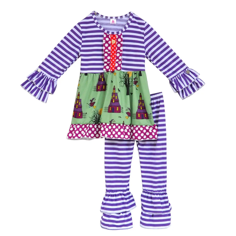 Высокое качество Комплект пижамы для детей на Хэллоуин в полоску топ с рюшами и