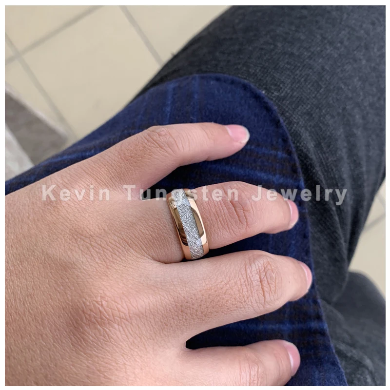 Розовое золото женские мужские Weding Band вольфрамовое кольцо купольная полоса белый метеорит инкрустация