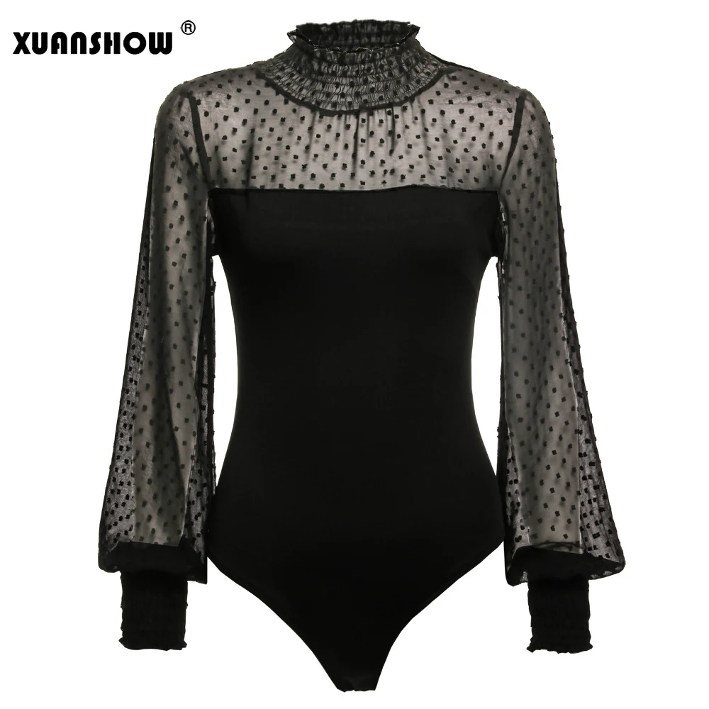 Black XUANSHOW, чарующие боди для женщин, новинка, летний перспективный комбинезон с длинными рукавами-фонариками, женский комбинезон с высоким воротом, боди Mujer - Цвет: Black