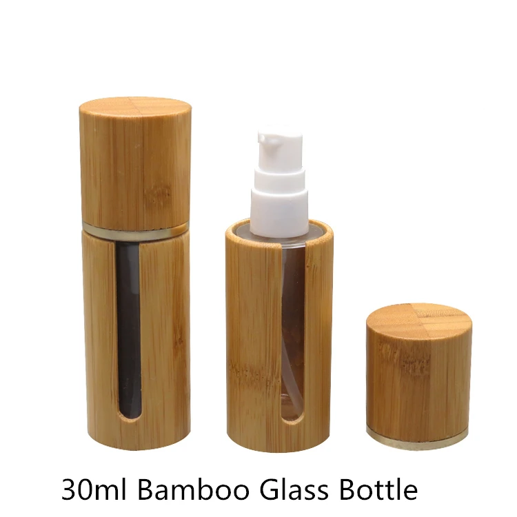 10pcs 30ml Top Grade Glass  Bottle Empty Bamboo Lotion Pump Bottle Glass Bottle Bamboo Case Bamboo Glass Lotion Pump Bottle