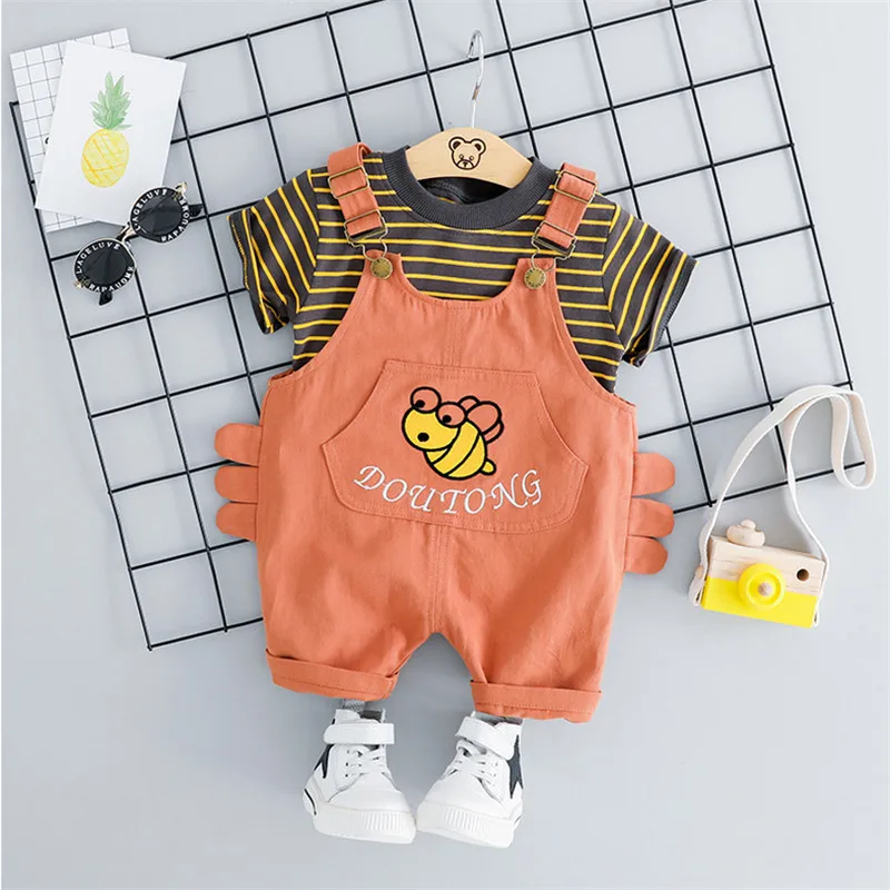2019 Brand 2PCS Kids Baby Boys Children Clothing Clothes Stripe Short Sleeve Tops+Bib Pants 2pcs Outfit Summer Fashion 1-5Y | Детская
