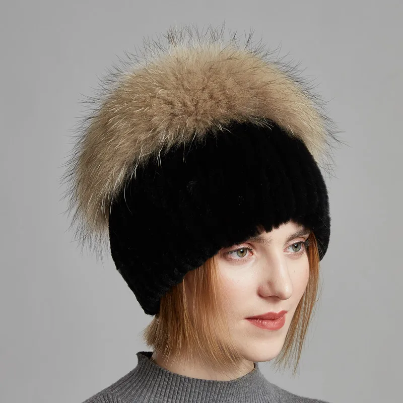 Зимняя верхняя теплая шапка для Для женщин Настоящее Кролик и енота или лисий мех
