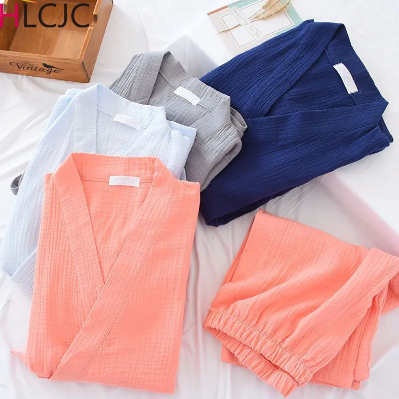 Пижамный комплект мужской/женский из хлопка и крепа с V образным вырезом|Мужские