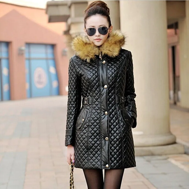 

New 2021 Autumn And Winter Women Leather Parkas Coat Jacket Slim Korean Long Hoody Leather Cotton Jacket Thicken PU Jacket
