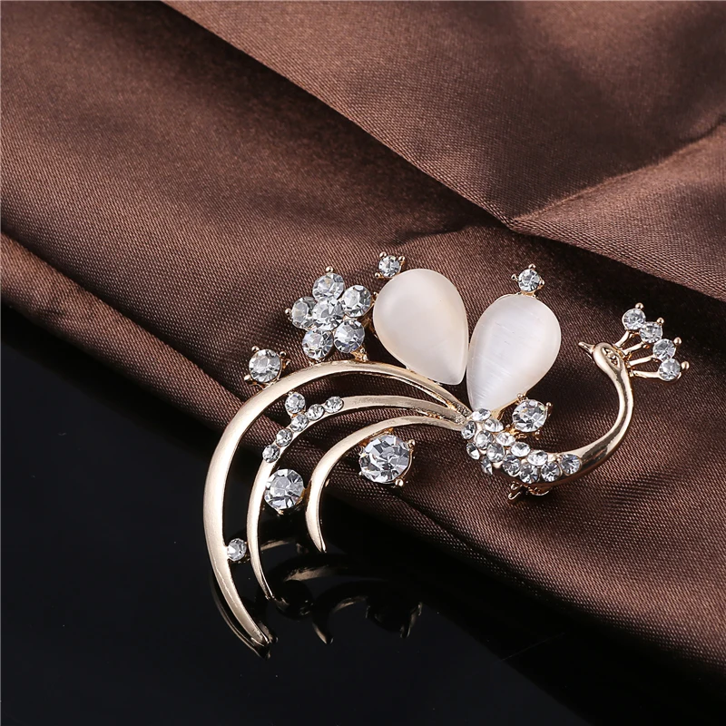 Rhinestone Peacock Pins and Brooches for Women Animal Brooch Opal Cat's Eye Dress Decoration Party Jewelry | Украшения и