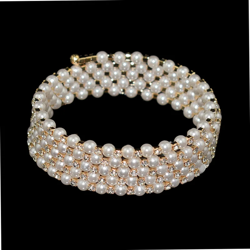 Модный женский браслет стразы с кристаллами 5 рядов эластичный имитацией жемчуга