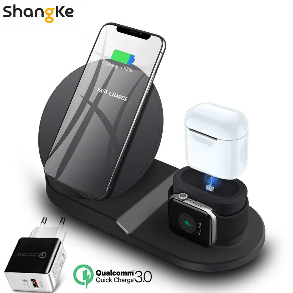 Black EU plug Беспроводное зарядное устройство, 3 в 1 беспроводная зарядная подставка для Apple Watch, зарядная станция для Airpods, быстрая Беспроводная зарядная док-станция(черный - Цвет: Black EU plug