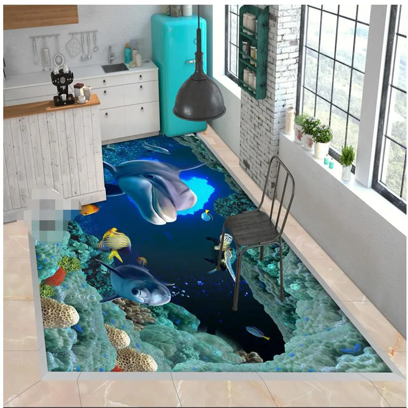 

beibehang Flooring custom painting HD dolphin fish submarine hole waterproof anti - skid thickening kitchen balcony wallpaper
