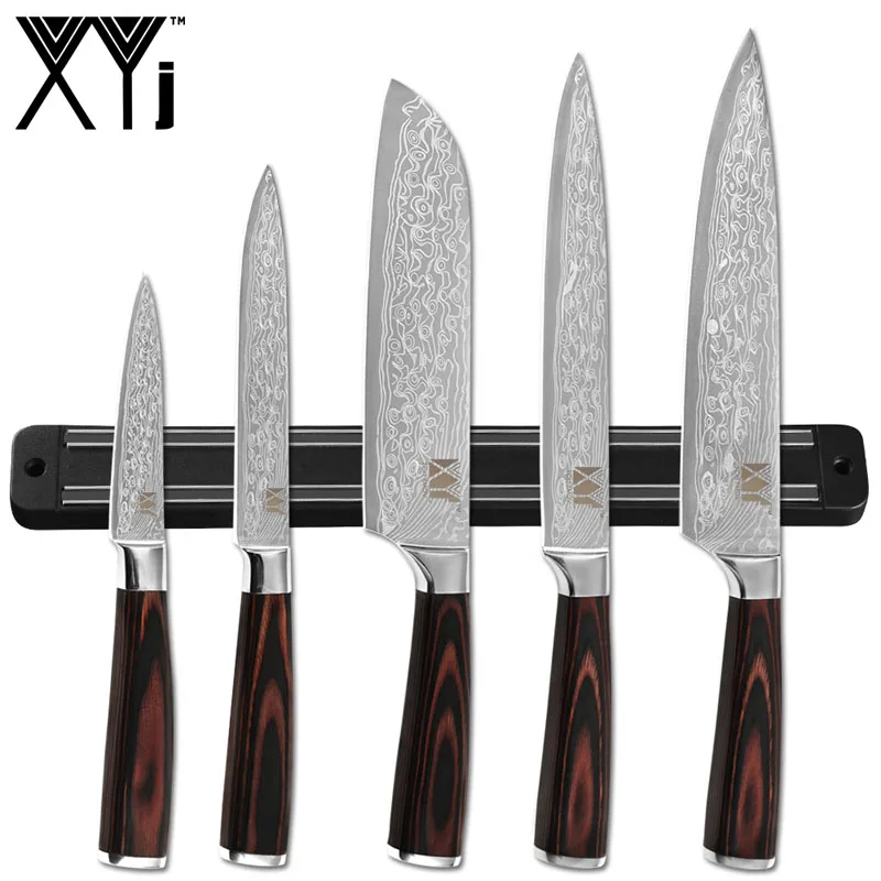A.6Pcs Set XYj 7 шт. набор кухонных ножей из нержавеющей стали дамасский узор лезвие точилка для ножей бар 8 ''держатель для ножа Приготовление Инструмент аксессуар - Цвет: A.6Pcs Set