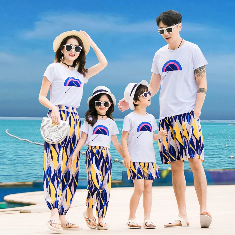 

iairay family clothing mom and daughter father son matching clothes mens shorts summer t shirt for girls boys women casual pants