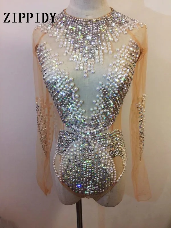 Боди с жемчугом и стразами Женский цельнокроеный стрейчевый костюм из сетки