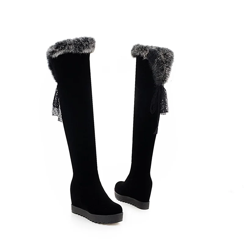 Женские зимние сапоги на высоком каблуке с кружевом и круглым носком|Ботфорты| |