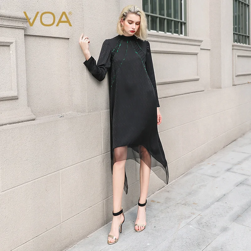 Женское шелковое платье средней длины VOA черное асимметричное с сеткой в