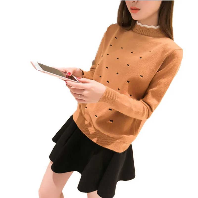 Женский свитер с кружевным воротником милый короткий вышивкой и бантом мягкий