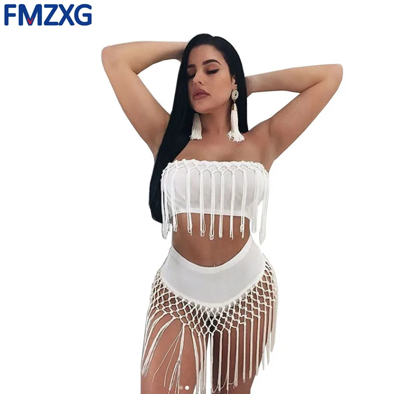 Женский пляжный черный белый купальный костюм 2XL купальник с бахромой