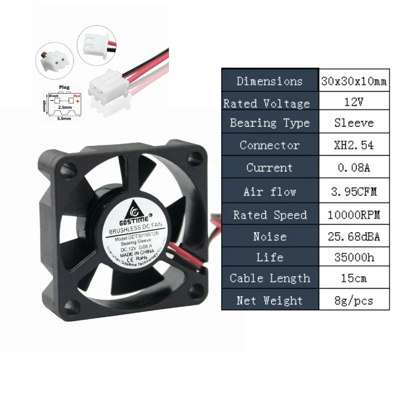 12V Sleeve XH2.54 Gdstime 10 шт. DC 24 в 12 В 5 В 2Pin 30 мм x 10 мм двойной шарикоподшипник 30x30x10 мм 2,54 2,0 Dupont 3 см маленький Бесщеточный вентилятор охлаждения 3010 - Цвет лезвия: 12V Sleeve XH2.54