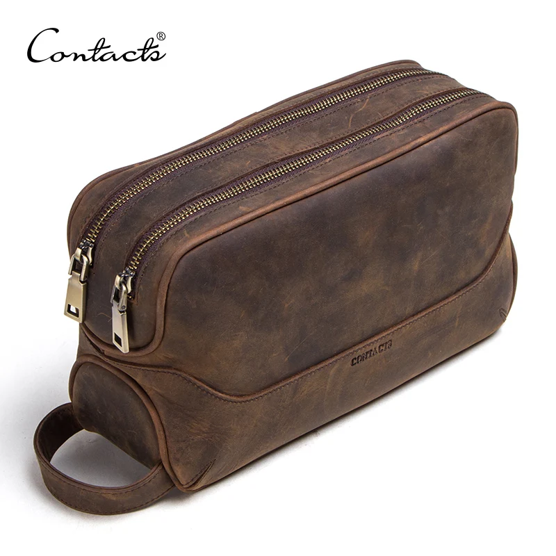 spesifikasi CONTACT'S Kuda Gila Kulit Asli Pria Kosmetik Tas Pria Tas Perlengkapan Mandi Tas Vintage Mencuci Tas Pria Ini Membuat Tas Travel Organizer