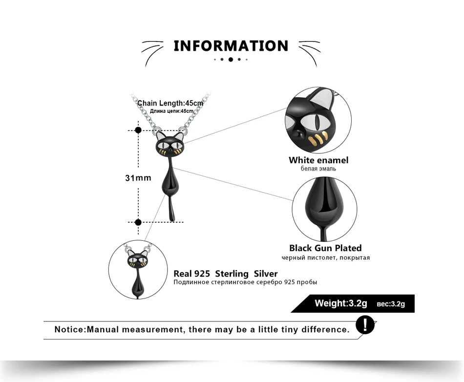 ORSA JEWELS, оригинальные женские ожерелья с черным котом и хвостом, подвески из натуральной 925 пробы, серебряные подвески, ювелирные изделия ASN101