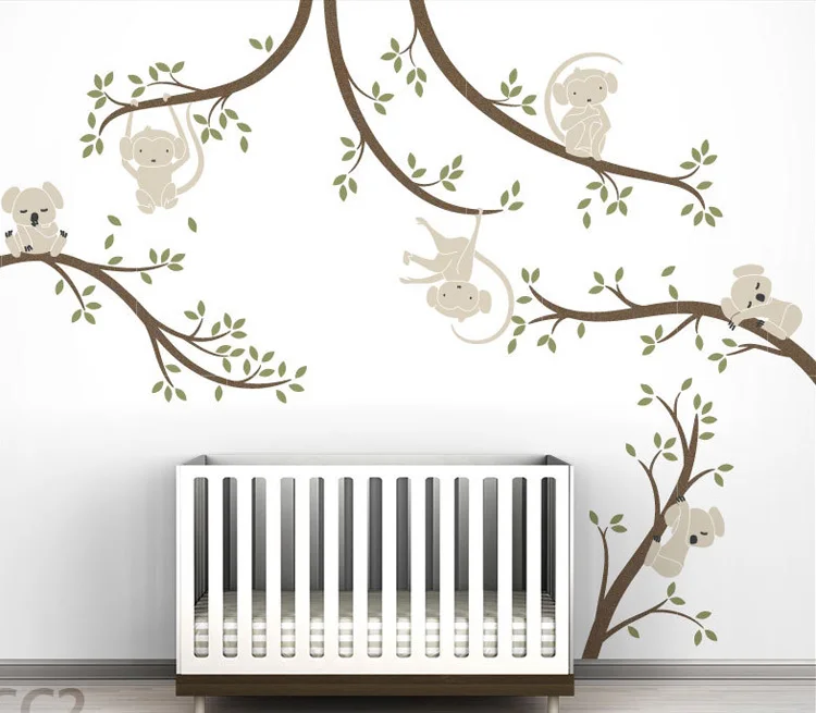 Spring Koala and Monkey Tree Branches DIY Wall Decals Vinyl Stickers Nursery Baby Art Decor For Kids Rooms Murals A213 | Дом и сад