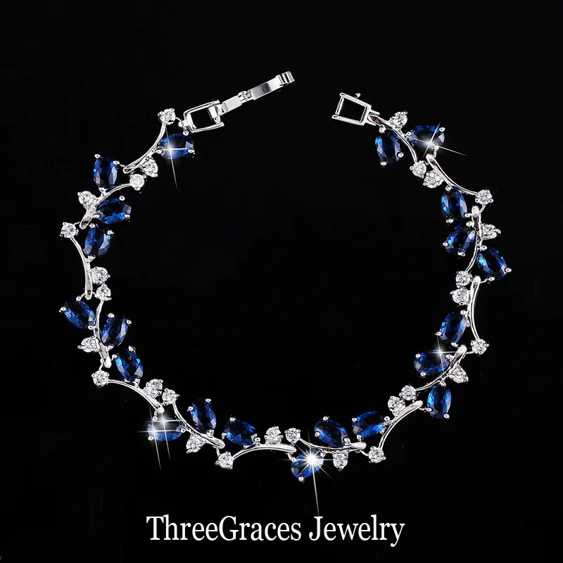 ThreeGraces романтические CZ Ювелирные изделия лист и цветок кубического циркония свадебные браслеты подарок для подружки невесты BR031 - Окраска металла: royal blue