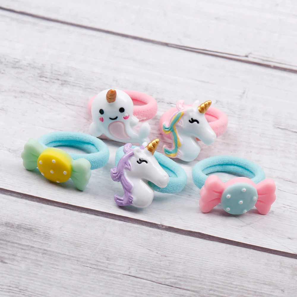 Kawaii/5 шт./Партия аксессуары для волос Детские нейлоновые резинки для волос Единорог/конфеты/шамрок эластичные веревки для волос для девочек детские головные уборы