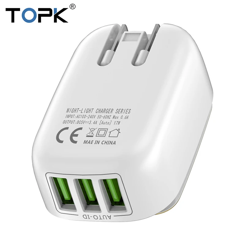Сетевое зарядное устройство TOPK 3U 5 В/3 4 А 18 Вт EU 2 в 1 USB для iPhone X Samsung S9 Xiaomi mi 8