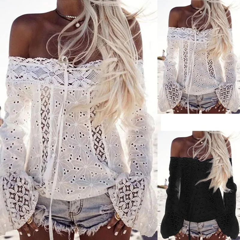 Женская кружевная блузка с открытыми плечами вырезом лодочкой и расклешенными