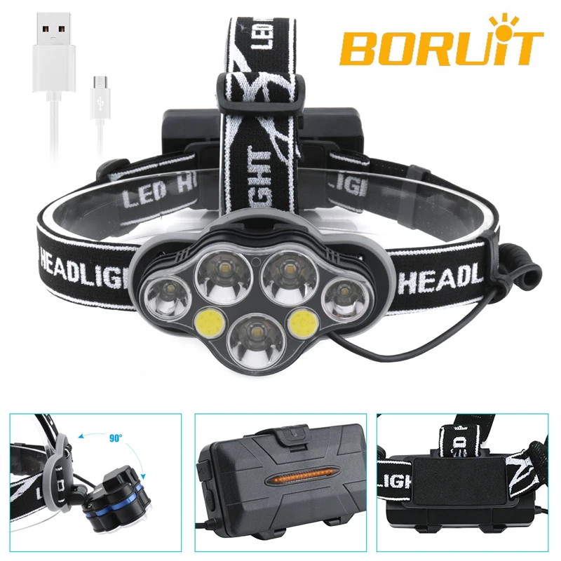 Boruit 3 * T6 + 2 XPE COB 7 LED MICRO USB налобный фонарь Головной лампа для верховой езды