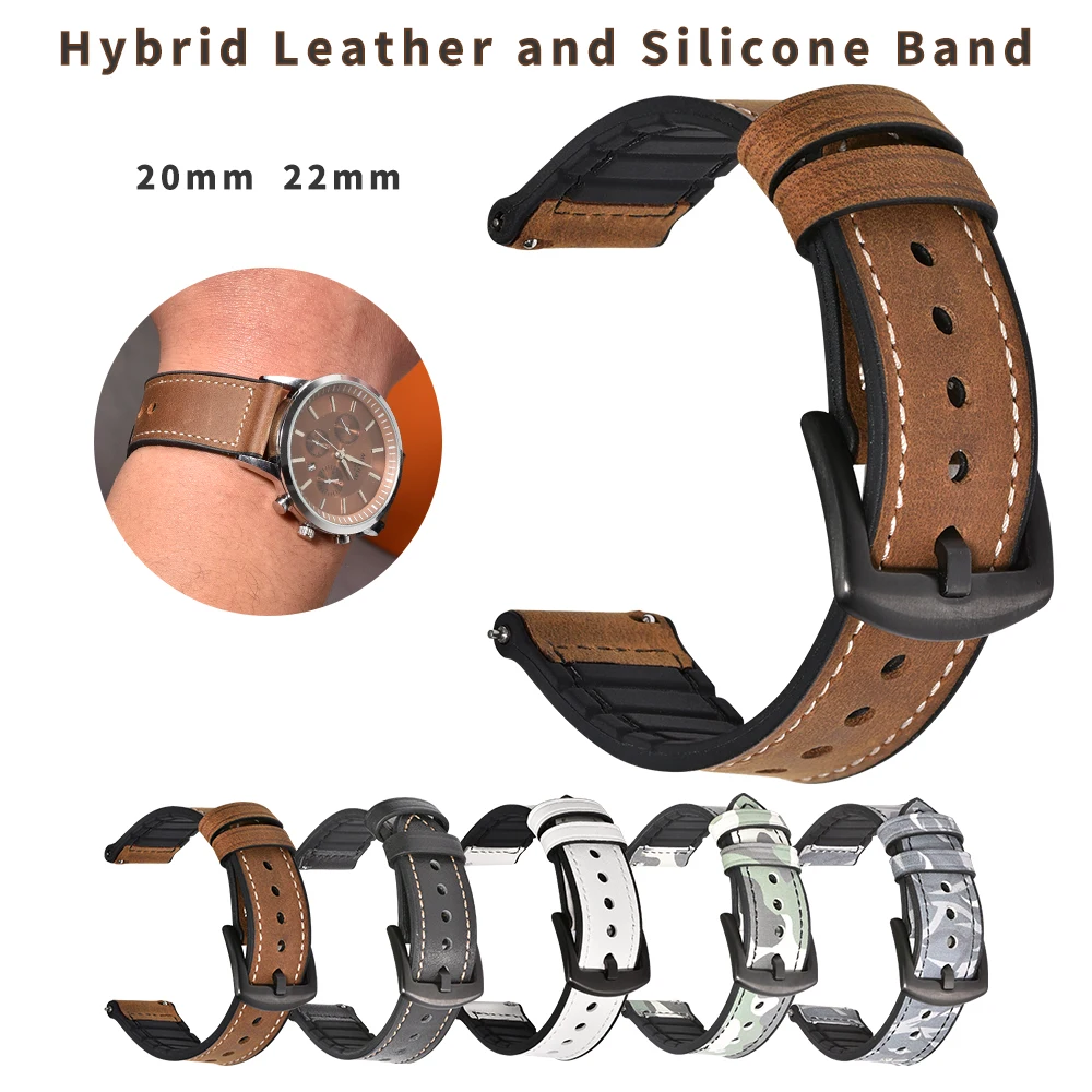 BEAFIRY 20mm 22mm Genuine Leather+Silicone Rubber Watch Band Straps For Men Women Quick Release Spring Bar Watchbands Waterproof