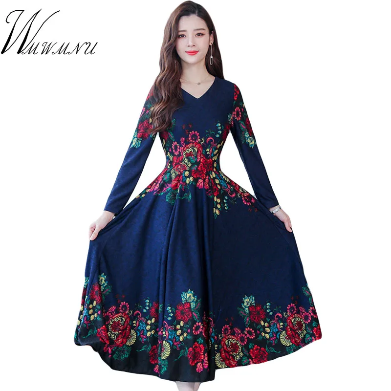 Женское платье с длинным рукавом V образным вырезом и принтом|Женские платья| |